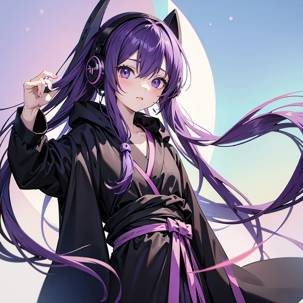 Anime girl with long purple hair and black robe. Pointy ears. Cute as in manga. Headphones. Front facing