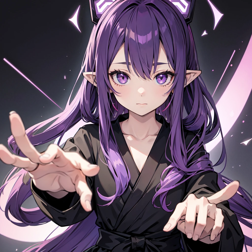 Anime girl with long purple hair and black robe. Pointy ears. Cute as in manga. Headphones. Front facing