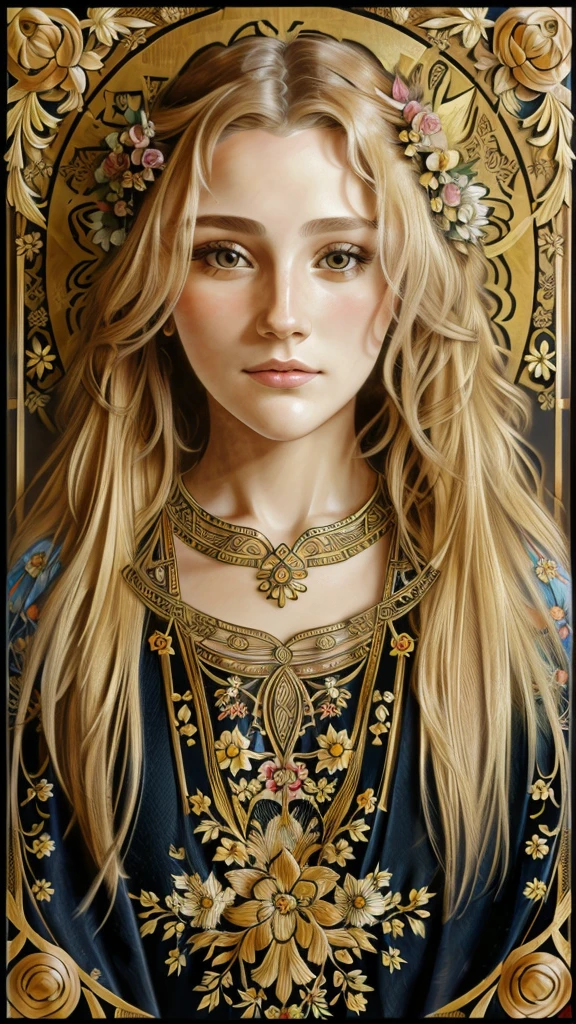 face portrait of a Ukrainian female , long curly hair, blond, floral frame, Decorative panels, abstract
artistic, by Alphonse Mucha, (Masterpiece, Best Quality, Highres:1.2), Detailed, Intricate Details, 4K, color splashes, line art, fibonacci, in the style of alfons mucha