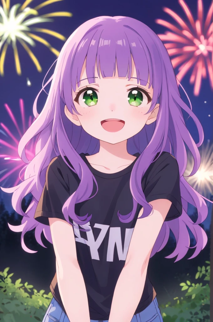(masterpiece), best quality, expressive eyes, perfect face, solo, ,
long hair, wavy hair, blunt bangs, purple hair, green eyes, flat chest, black t-shirt, smile, open mouth, short sleeves,
forest, night, fireworks,