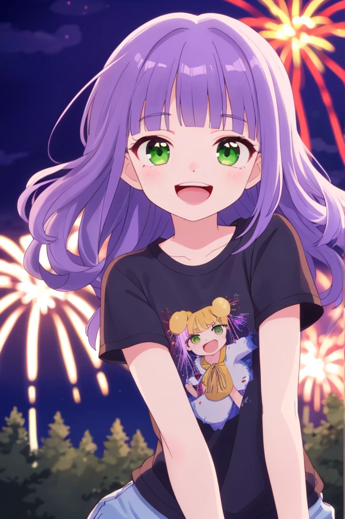 (masterpiece), best quality, expressive eyes, perfect face, solo, , 
long hair, wavy hair, blunt bangs, purple hair, green eyes, flat chest, black t-shirt, smile, open mouth, short sleeves, 
forest, night, fireworks,