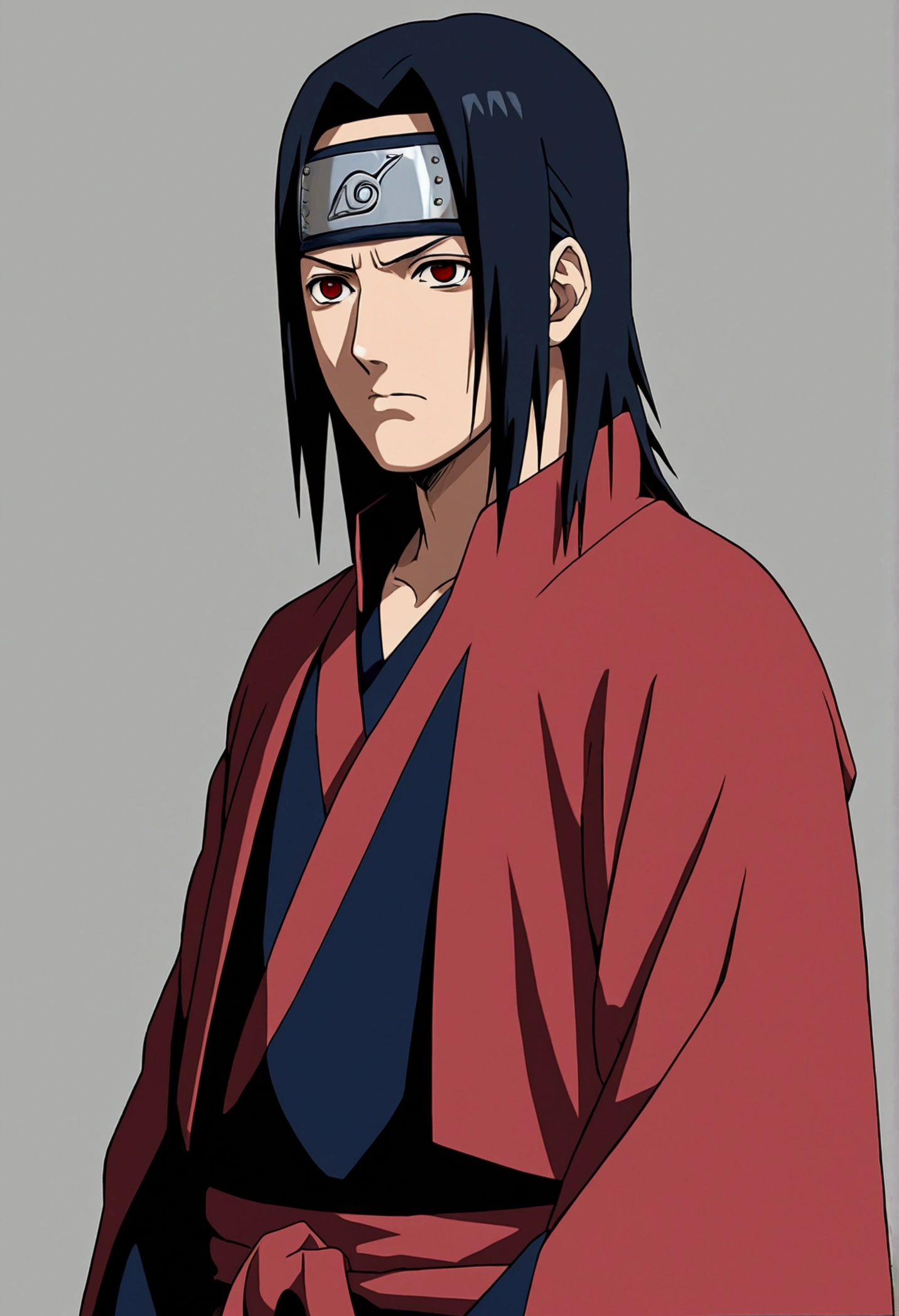 (master part, best quality, high resolution,grainy:1.2), break (Uchiha Itachi:1.3), full body view, long hair,forehead protector, ninja, layer, High throat, jewelries, necklase,blackquality hair ,Eyes red , mascle, 1st grade, back view, full body view, looking back at me, deep depth picture