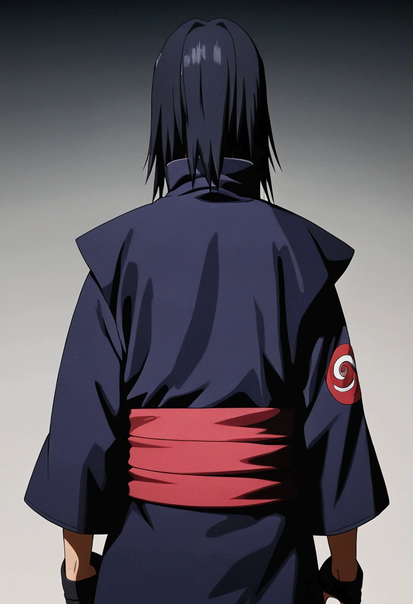 (master part, best quality, high resolution,grainy:1.2), break (Uchiha Itachi:1.3), full body view, long hair,forehead protector, ninja, layer, High throat, jewelries, necklase,blackquality hair ,Eyes red , mascle, 1st grade, back view, full body view, looking back at me, deep depth picture