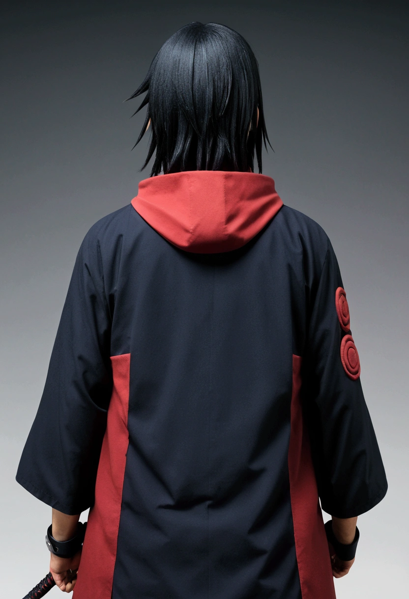 (master part, best quality, high resolution,grainy:1.2), break (Uchiha Itachi:1.3), full body view, long hair,forehead protector, ninja, layer, High throat, jewelries, necklase,blackquality hair ,Eyes red , mascle, 1st grade, back view, full body view, looking back at me, deep depth picture