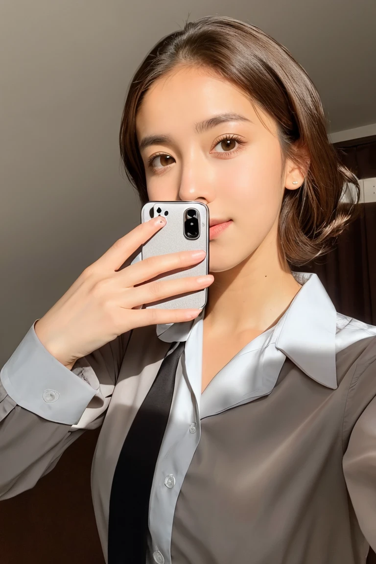 Young pretty woman taking selfie, Taken with old iPhone camera、brown Hair、reality、in real life、photograph、Highest quality、can't tell the difference from reality, a selfie for Instagram profile, Skin that is not too perfect, ultra super realistic, 2 million pixels, not too perfect, Not an AI-generated image, fine quality, 32K, highest quality, grey eyes, natural image, 8K, raw image, shadow is natural, shadow is realistic, at home, There's a shadow on her face, woman worker,She is dressed as a cabin attendant.