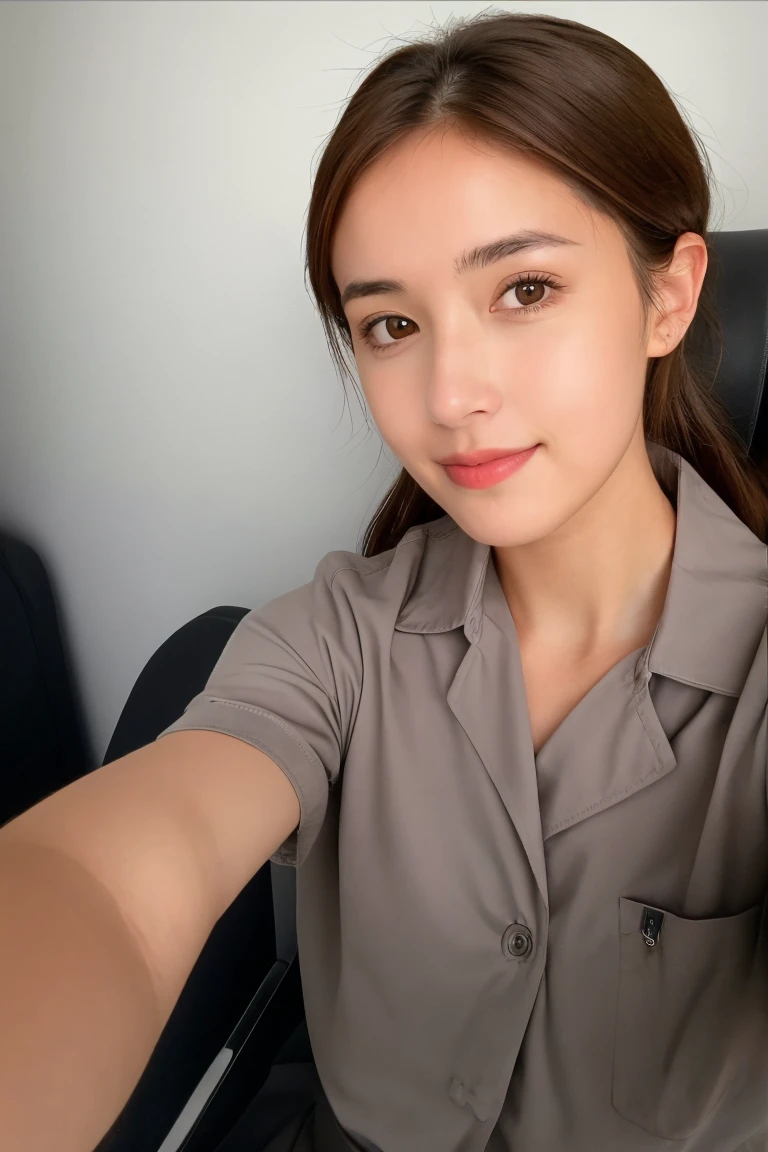 Young pretty woman taking selfie, Taken with old iPhone camera、brown Hair、reality、in real life、photograph、Highest quality、can't tell the difference from reality, a selfie for Instagram profile, Skin that is not too perfect, ultra super realistic, 2 million pixels, not too perfect, Not an AI-generated image, fine quality, 32K, highest quality, grey eyes, natural image, 8K, raw image, shadow is natural, shadow is realistic, at home, There's a shadow on her face, woman worker,She is dressed as a cabin attendant.