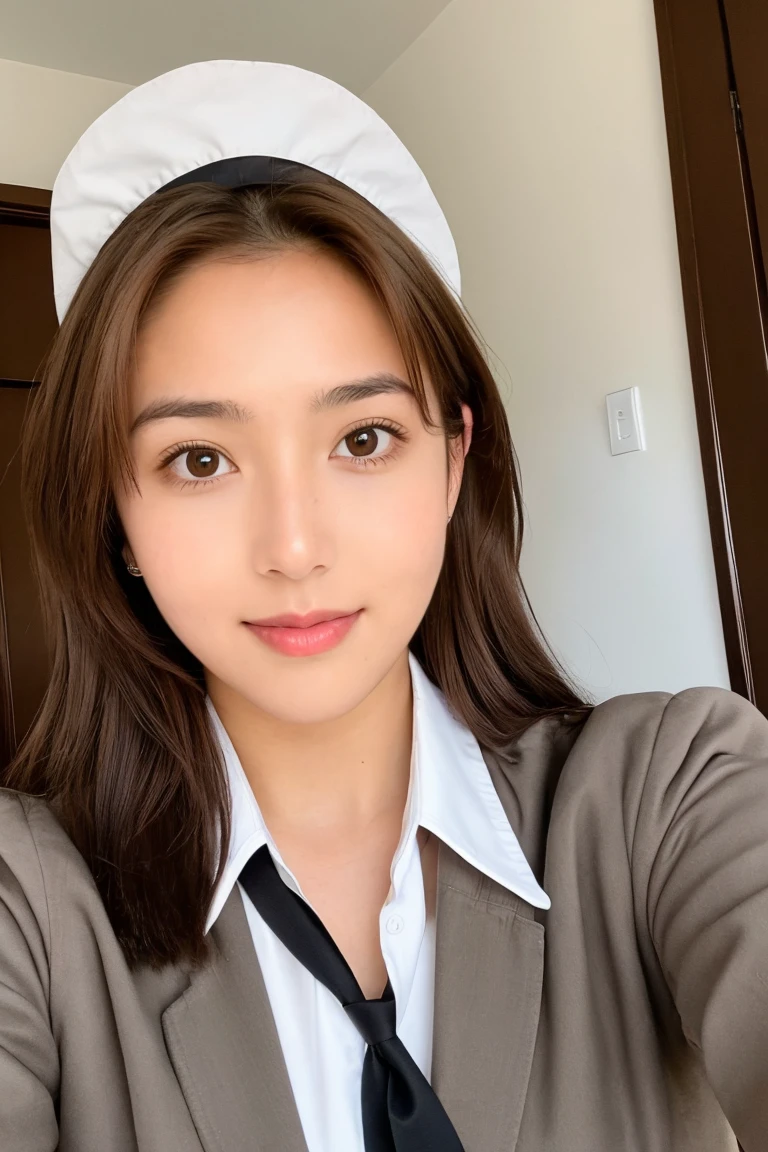 Young pretty woman taking selfie, Taken with old iPhone camera、brown Hair、reality、in real life、photograph、Highest quality、can't tell the difference from reality, a selfie for Instagram profile, Skin that is not too perfect, ultra super realistic, 2 million pixels, not too perfect, Not an AI-generated image, fine quality, 32K, highest quality, grey eyes, natural image, 8K, raw image, shadow is natural, shadow is realistic, at home, There's a shadow on her face, woman worker,She is dressed as a cabin attendant.