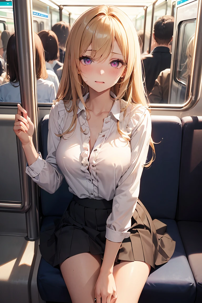 masterpiece, absurdres, best quality, ultra detailed, high Resolution, detailed illustration, bright colour, (extremely beautiful detailed face and eyes, Delicate beautiful face, 1 girl, 18yo, cute face:1.3), (magenta eyes:1.1), sparkling eyes, big eyes, (medium breasts:1.3), (perky breasts:1.1), (pointy breasts:1.1), medium hips, glamorous body, white skin, BREAK, (blonde hair:0.8), messy hair, detailed hair, shiny hair, BREAK (casual blouse, frill skirt, undressed:1.3), perfect lighting, (???????, vulgarity:1.5), (embarrassed:1.3),  (crowded train, 1 boy, hand in skirt:1.3), 