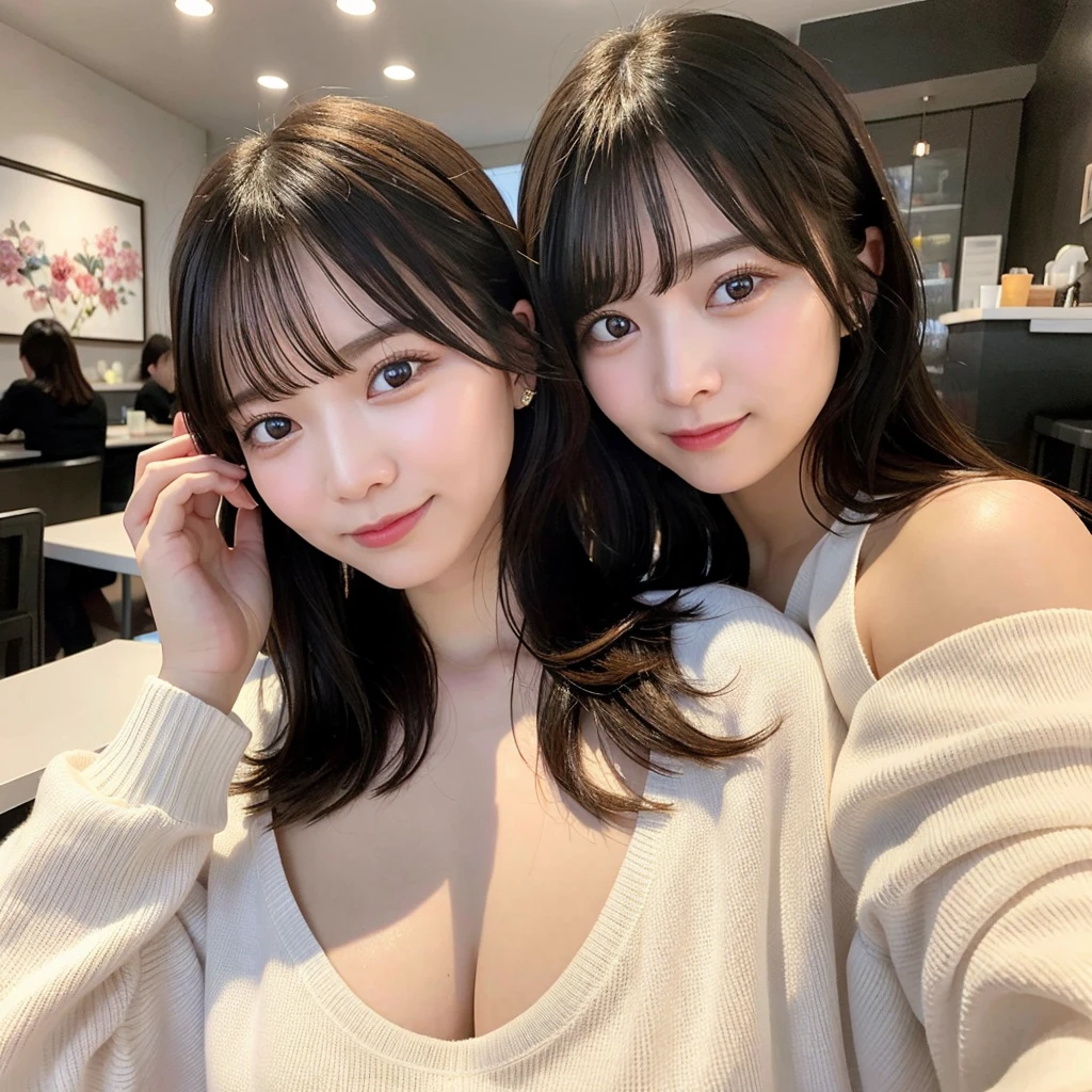 top-quality、Photorealsitic、8K、hight resolution、Perfect litthing、a gorgeous、masterpiece、realisitic、closeup portrait、
1girl in、piercingeyes、off-the-shoulder sweater、middlebreasts、shorth hair、Look at viewers、kindly smile、in a cafe、in the room、a un shine