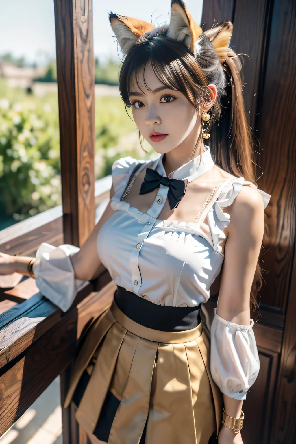 masterpiece, best quality, Ultra DeTailed, RAW photos, (Reality:1.4), High-speed rail Dingyun line, 1 Girl, Solitary, Bangs, (Fox ears), Medium breasts, Garment cutting, cleveage cutout, Animal ears, Fox Girl, brown skirt, ponyTail, bow tie, skirt, (bracelet), Jewelry, cleveage, Separate sleeves, (blue bracelet), White sleeves, shirt, sleeveless shirt, Gold trim, brown skirt, (Tail, fox Tail), earrings, Dynamic Angle, Outdoor deep forest