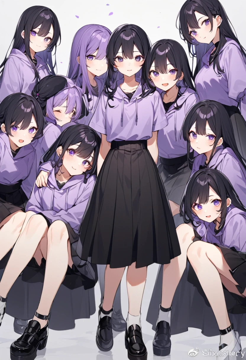 Keito。Purple hoodie。Black Skirt。Purple Eyes。Black Hair。Black shoes下。Black shoes。six sistery eldest daughter has lavender hair.。all female。Sextuplets。