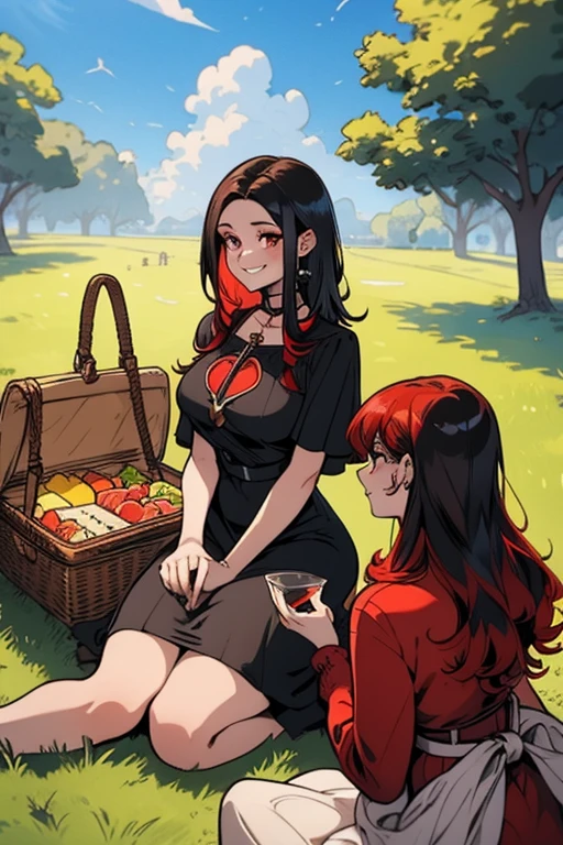 Two women. Perfect faces. Perfect hands. A red haired woman with red eyes and an hourglass figure in a pretty summer dress is picnicking with a black haired woman with brown eyes with an hourglass figure on the grass in a park with a big smile