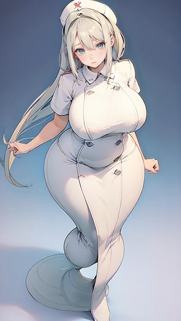 ((blank background)), masterpiece, best quality, silver hair, (curvy:1.7), (massive breast:1.5), ((full body framing)), (long legs:1.6), symmetry, nurse woman, nurse uniform
nurse cap