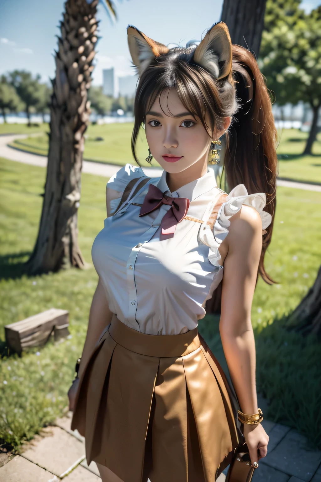 masterpiece, best quality, Ultra DeTailed, RAW photos, (Reality:1.4), High-speed rail Dingyun line, 1 Girl, Solitary, Bangs, (Fox ears), Medium breasts, Garment cutting, cleveage cutout, Animal ears, Fox Girl, brown skirt, ponyTail, bow tie, skirt, (bracelet), Jewelry, cleveage, Separate sleeves, (blue bracelet), White sleeves, shirt, sleeveless shirt, Gold trim, brown skirt, (Tail, fox Tail), earrings, Dynamic Angle, Outdoor deep forest