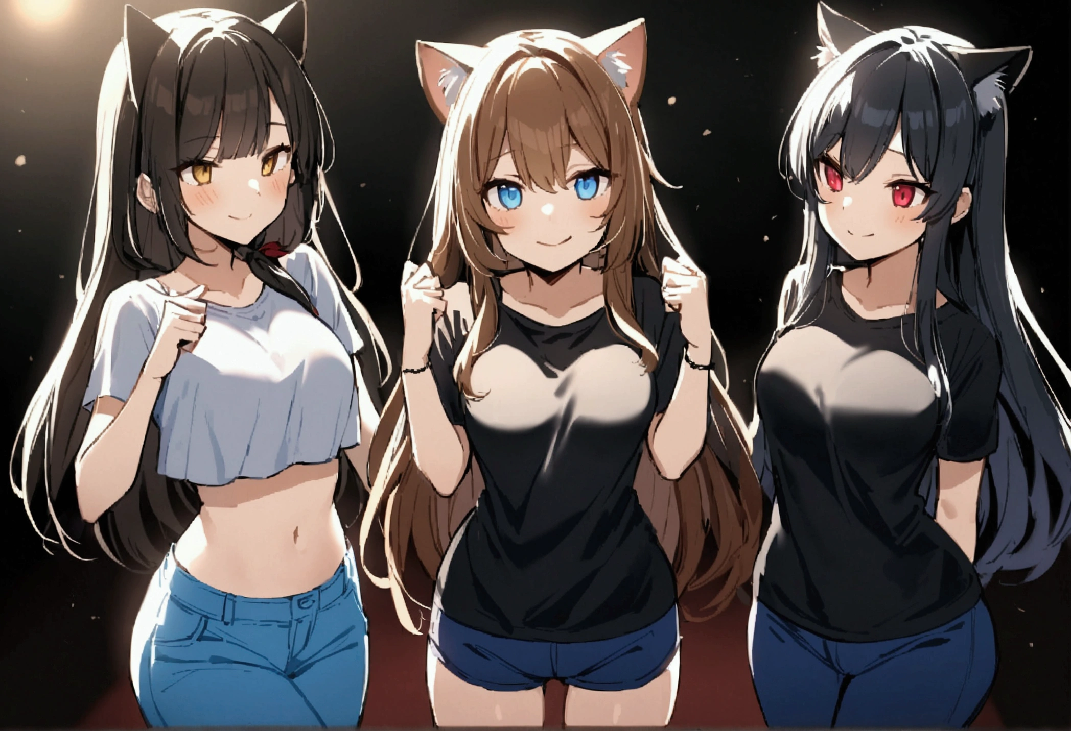 3 pretty girls who are together the first smiling with blue eyes brown hair with cat ears wearing a short t-shirt and blue short pants the second shy with gold eyes with long black hair wearing a black sweater and black pants the last one not happy with long hair tied with ruby ​​eyes wearing a ruby ​​colored t-shirt where you can see her stomach with blue pants