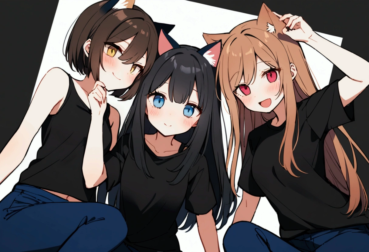 3 pretty girls who are together the first smiling with blue eyes brown hair with cat ears wearing a short t-shirt and blue short pants the second shy with gold eyes with long black hair wearing a black sweater and black pants the last one not happy with long hair tied with ruby eyes wearing a ruby colored t-shirt where you can see her stomach with blue pants