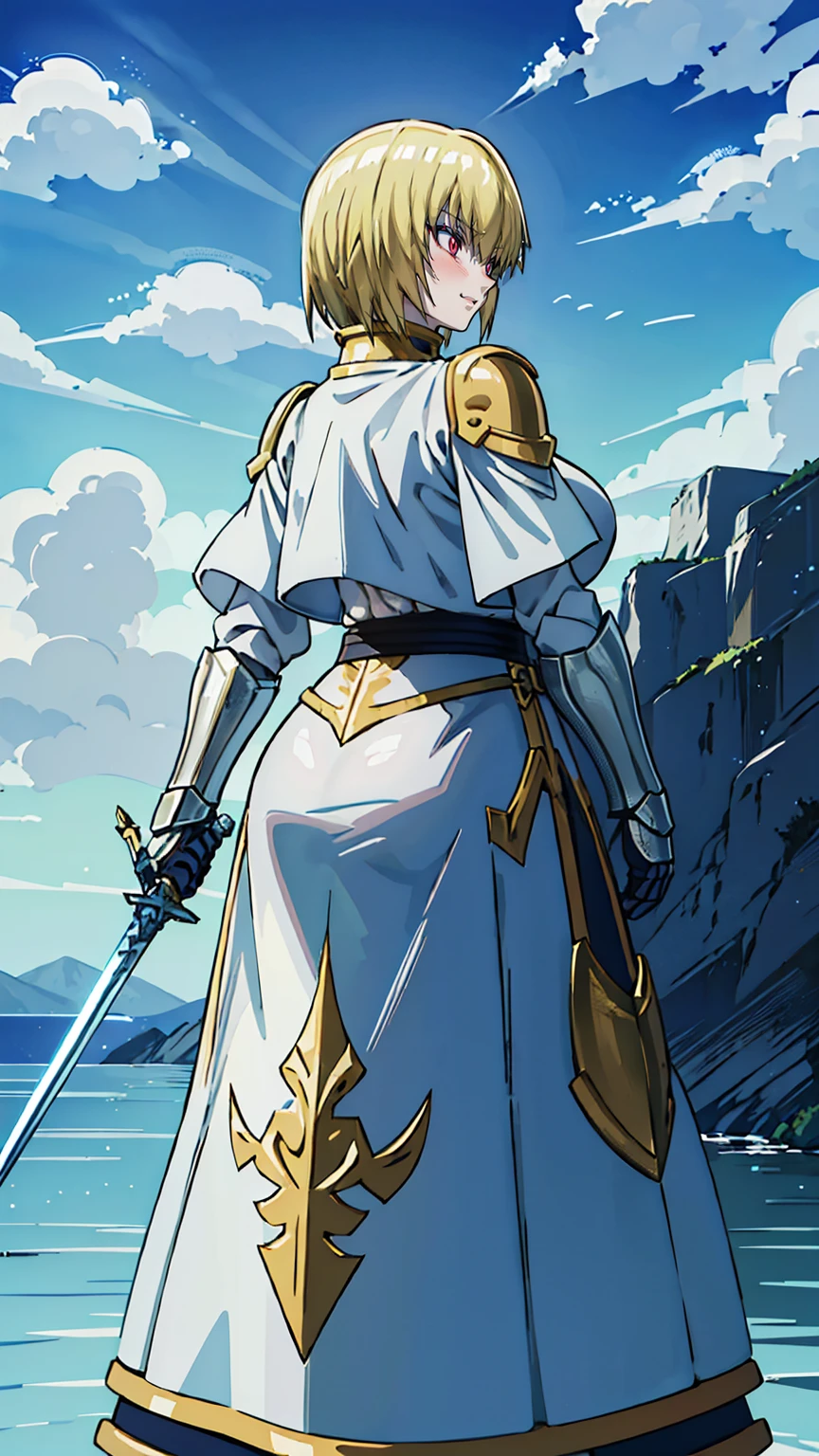 woman in her 20s、1 person、Angelic、There are large white wings on the back、Has 6 wings、Swan wings、With a round face、round chin、Close-up of a woman in armor holding a sword, Armor girl, female knight, big and full breasts、full armor, full armor, gorgeous female paladin, female knight, of a Beautiful female knight, Beautiful armor, Plump、thick waist、wide waist、full armor, armor、Gorgeous full-body armor, Amazing armor, Trending on Art Station Pixiv, Beautiful female knight、has a large sword、Great Sword of Steel、happy look、looking here、Look at me、Lakeside、white military flags lined up, There is a large army behind us far away.、With forest and mountains in the background、black string、Black pattern,kurapika, bob hair, blonde hair, (long tits:1.1), (huge tits:1.1), (saggy tits:1.2), (BIG ASS:1.2)