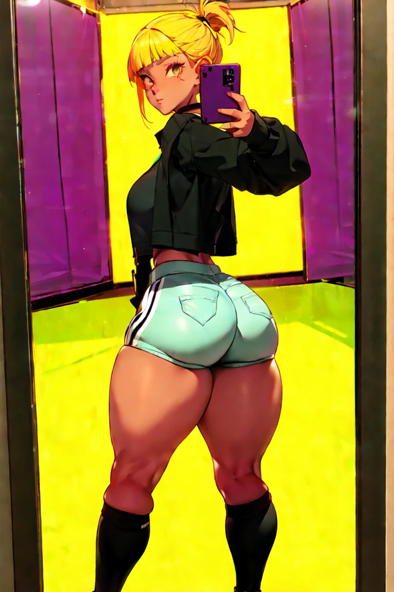 araffed woman taking a selfie in a mirror in a room, lit from behind, side lit, 21 years old, thighs exposed!!!, thick, 2 4 year old female model, mid body shot, violet myers, thick-thighs, middle shot, taken in 2 0 2 0, Toga, 22 years old, 18 years old