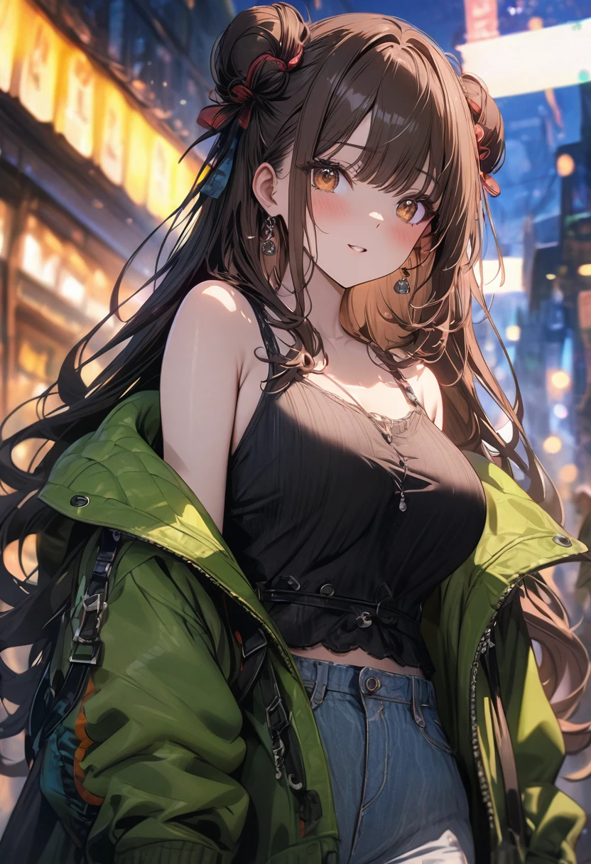 (masterpiece), best quality, very aesthetic, newest, absurdres, detailed, high quality
BREAK
highest quality, top quality, details, highres, ultra fine painting, digital art, official art, cinematic, 4k, 8k resolution, 8K CG wallpaper, CG, original artwork, detailed background, colorful background, blue atmosphere, High Dynamic Range, blurry background, blue hour, Starburst effects, crepuscular rays, good ISO, high resolution, wide shot, from far away, RAW photo, POV, sharp focus, light reflection, reflections, intricate details, soft light, particle noise, professional photography, bokeh, depth of field, natural lighting, vibrant colors, looking away, detailed lights and shadows, stylish, ultra-detailed, top rated on Pixiv, trending on Artstation, niji style, modern-days, master crafted, pose
BREAK
solo, (close up), 1girl, pale skin, correct fingers, detailed hand, (big breasts:1.2), big thighs, small torso, short body, flushtered, blush, anxious expression, embarassed, embarassed act, casual, slim, ((cute, childlike face):1.3), nice body, nice hips, brown hair, (very long flowing hair, 2 buns hairstyle), long bangs, long hair, middle hair bangs, brown eyes
BREAK
(black strap tank top, off shoulder open green hoodie)
BREAK
Anime apartment room background, bokeh background