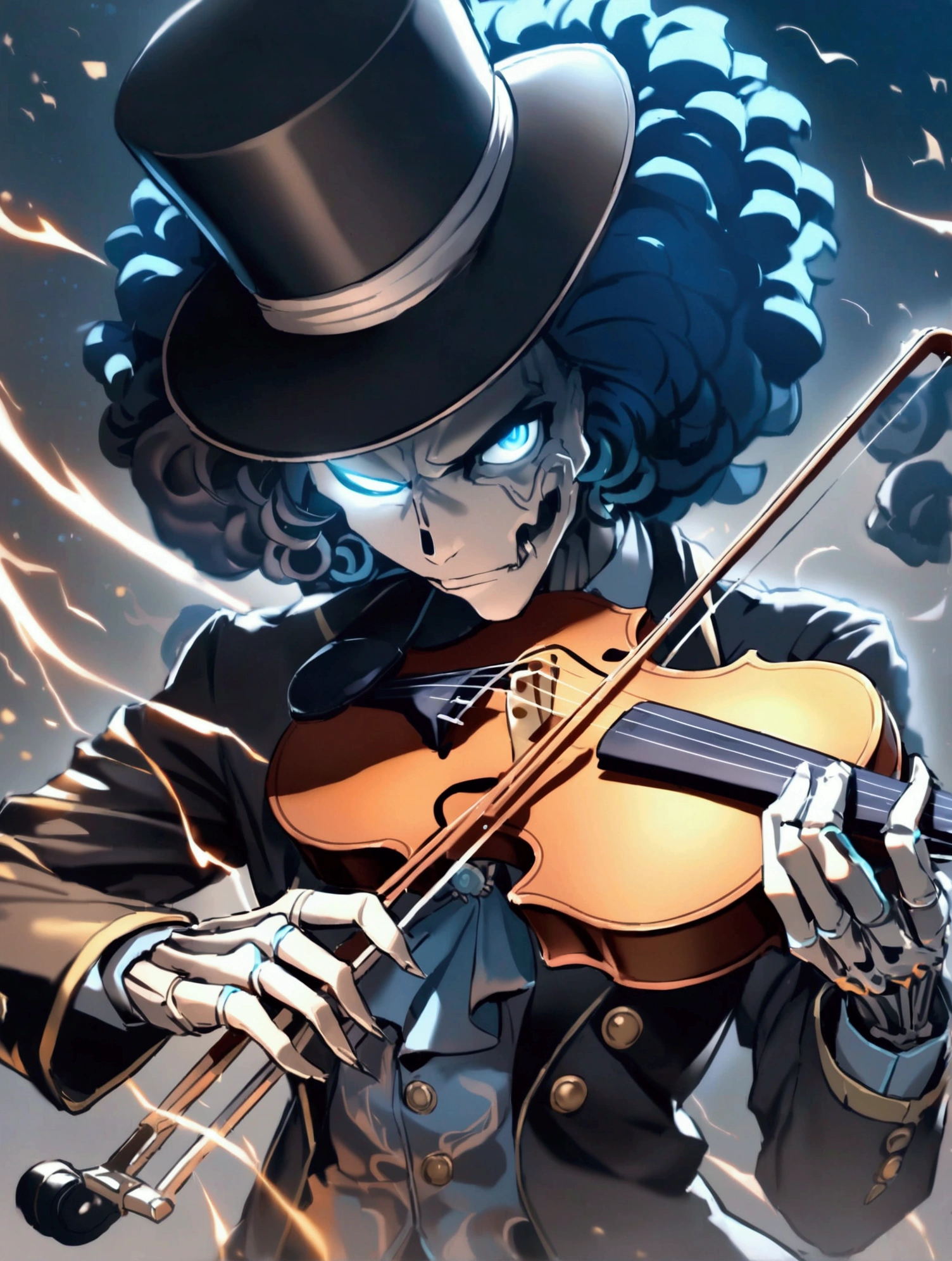 solo, looking at viewer, blue eyes, long sleeves, 1boy, hat, holding, jacket, upper body, male focus, frills, open clothes, ascot, black headwear, buttons, glowing, instrument, glowing eyes, curly hair, top hat, music, glowing eye, playing instrument, holding instrument, skeleton, violin, afro, bow \(music\), undead