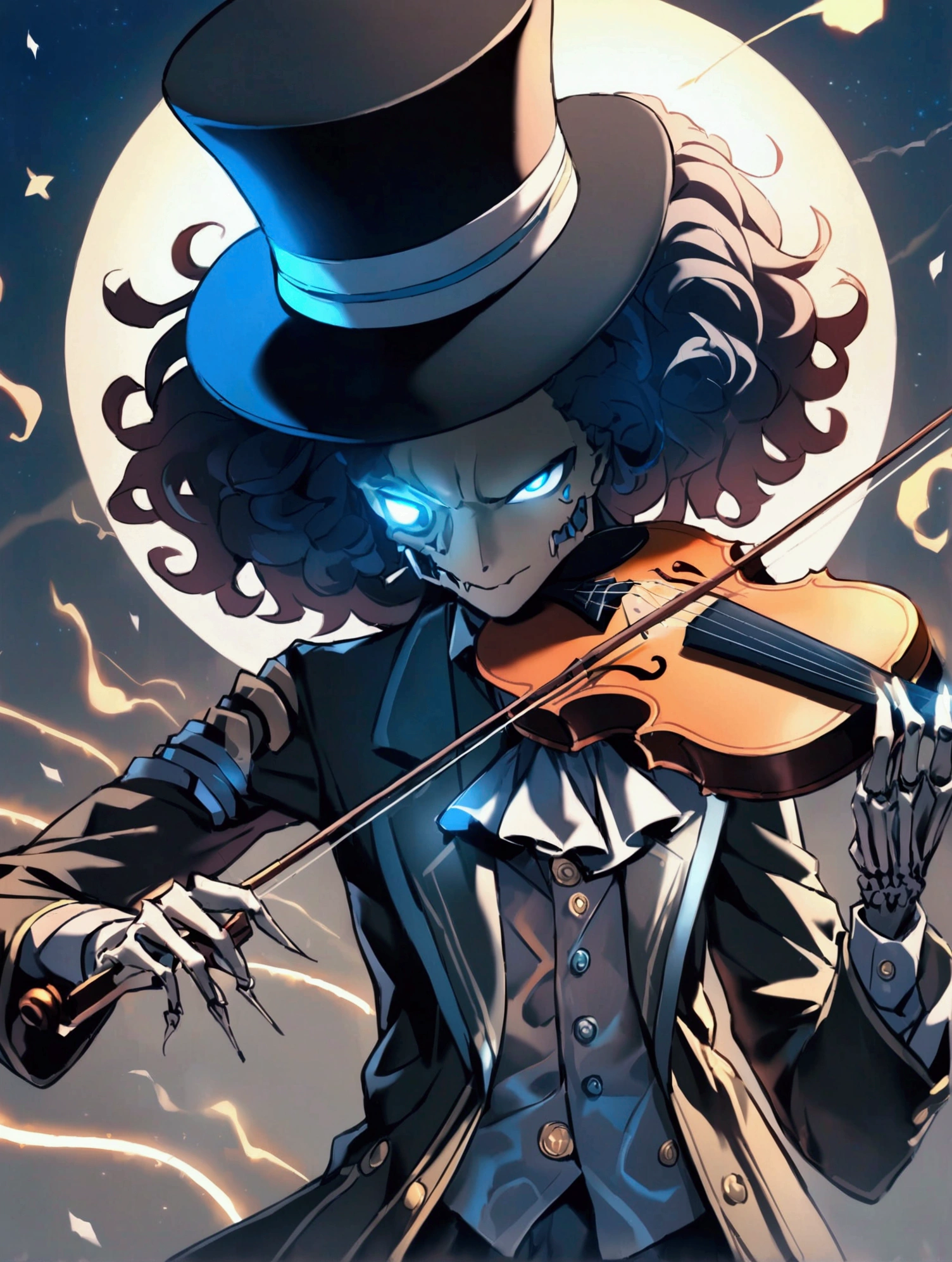 solo, looking at viewer, blue eyes, long sleeves, 1boy, hat, holding, jacket, upper body, male focus, frills, open clothes, ascot, black headwear, buttons, glowing, instrument, glowing eyes, curly hair, top hat, music, glowing eye, playing instrument, holding instrument, skeleton, violin, afro, bow \(music\), undead
