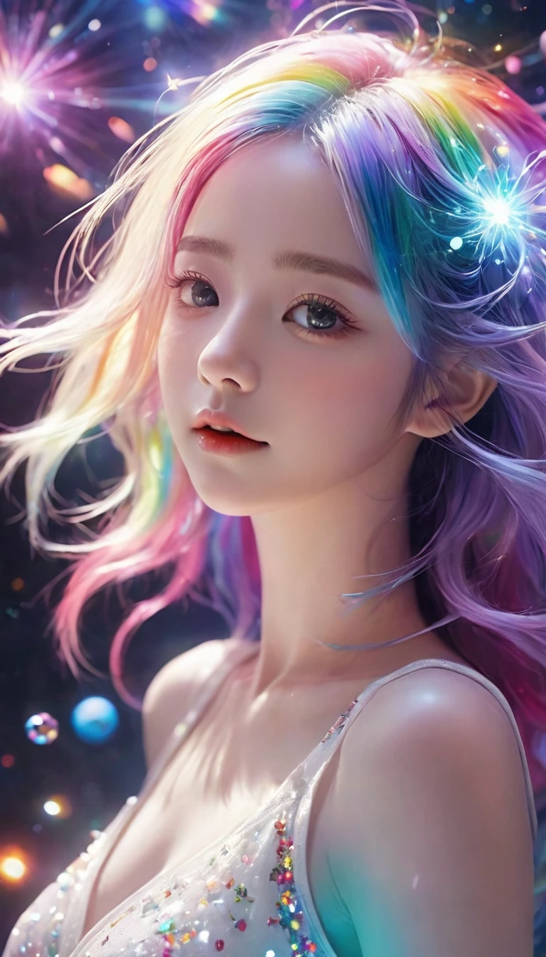 Floating in space、((whole body))、Reach out, highest quality, Highly detailed CG synthesis 8k wallpaper, Cinema lighting, Lens flare, Beautiful eye for detail, White clothes, Multicolored Hair, Rich and colorful light, particle, 、girl、Laugh fearlessly、Rainbow Hair、Big Bang Girl,((The edge of the universe can be seen on the lining))、dark matter、energy、Retro and psychedelic、Create miracles with a single photon、From Blink to Quasar、It's too bright to keep looking、The Super Burst is what draws you in