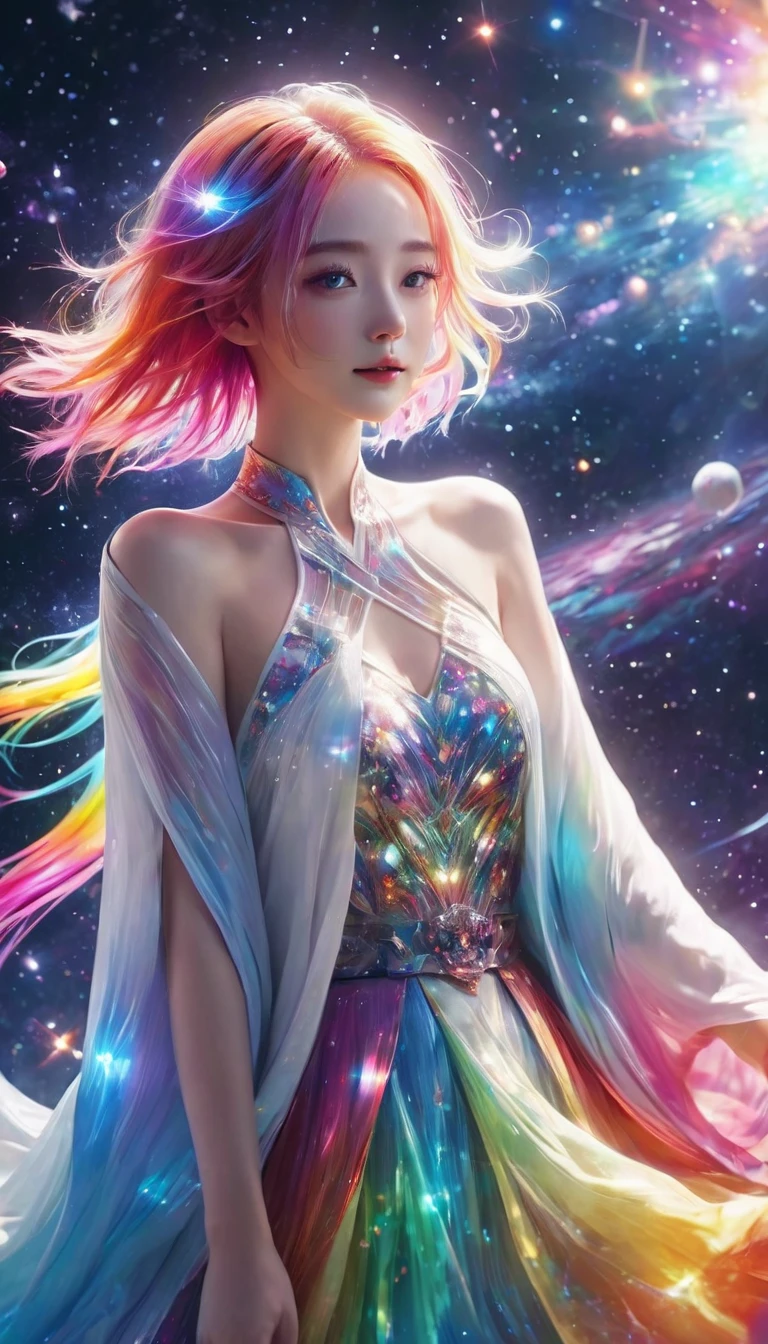 Floating in space、((whole body))、Reach out, highest quality, Highly detailed CG synthesis 8k wallpaper, Cinema lighting, Lens flare, Beautiful eye for detail, White clothes, Multicolored Hair, Rich and colorful light, particle, 、girl、Laugh fearlessly、Rainbow Hair、Big Bang Girl,((The edge of the universe can be seen on the lining))、dark matter、energy、Retro and psychedelic、Create miracles with a single photon、From Blink to Quasar、It's too bright to keep looking、The Super Burst is what draws you in