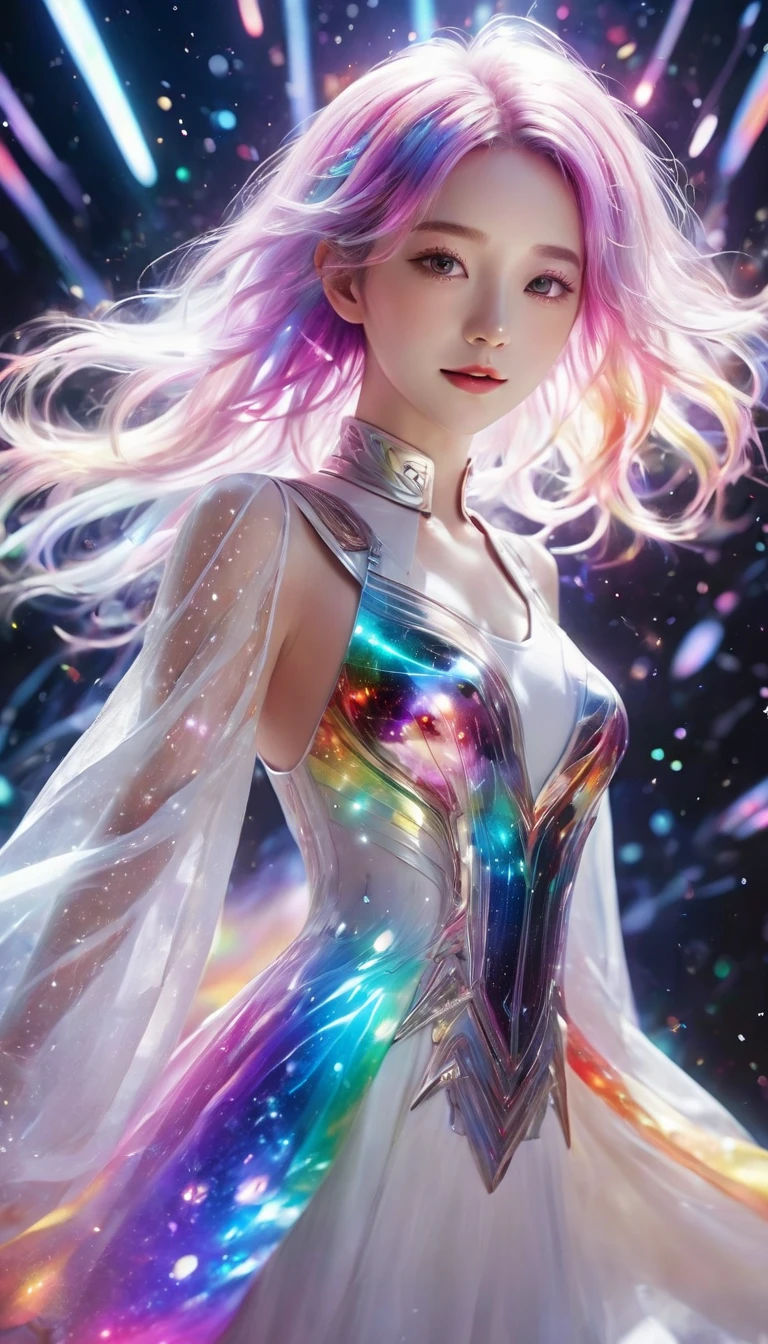 Floating in space、((whole body))、Reach out, highest quality, Highly detailed CG synthesis 8k wallpaper, Cinema lighting, Lens flare, Beautiful eye for detail, White clothes, Multicolored Hair, Rich and colorful light, particle, 16 years old、girl、Laugh fearlessly、Rainbow Hair、Big Bang Girl,((The edge of the universe can be seen on the lining))、dark matter、energy、Retro and psychedelic、Create miracles with a single photon、From Blink to Quasar、It's too bright to keep looking、The Super Burst is what draws you in