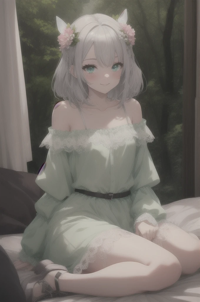 (masterpiece, best quality), hyperdetailed, clean lines, one girl,15 years old, blush, ash_hair, (Silver_hair:1.3), thin hair clip, cyan colorshift eyes, expressive eyes, collarbone, smile, morning, sunshine, (pink_Camisole), (full shot), my room ,on the bed, wariza, Pastel color fairy style。The mint green tunic dress is made of light chiffon material.、Lace detailing on sleeves and hem。There is a delicate wing accessory on the shoulder.、A flower garland belt is worn around the waist.。Flat shoes are also in pastel colors.、The base is decorated with small flowers.。In the background is a fantastic forest landscape.。