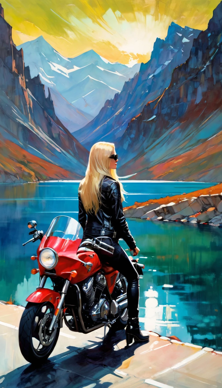 blonde girl with long hair, small breasts, biker look, radical girl, looking at a beautiful lake between mountains, parked motorcycle, chiaroscuro, sensual, mountain landscape,  (art inspired by Bill Sienkiewicz). oil painting)