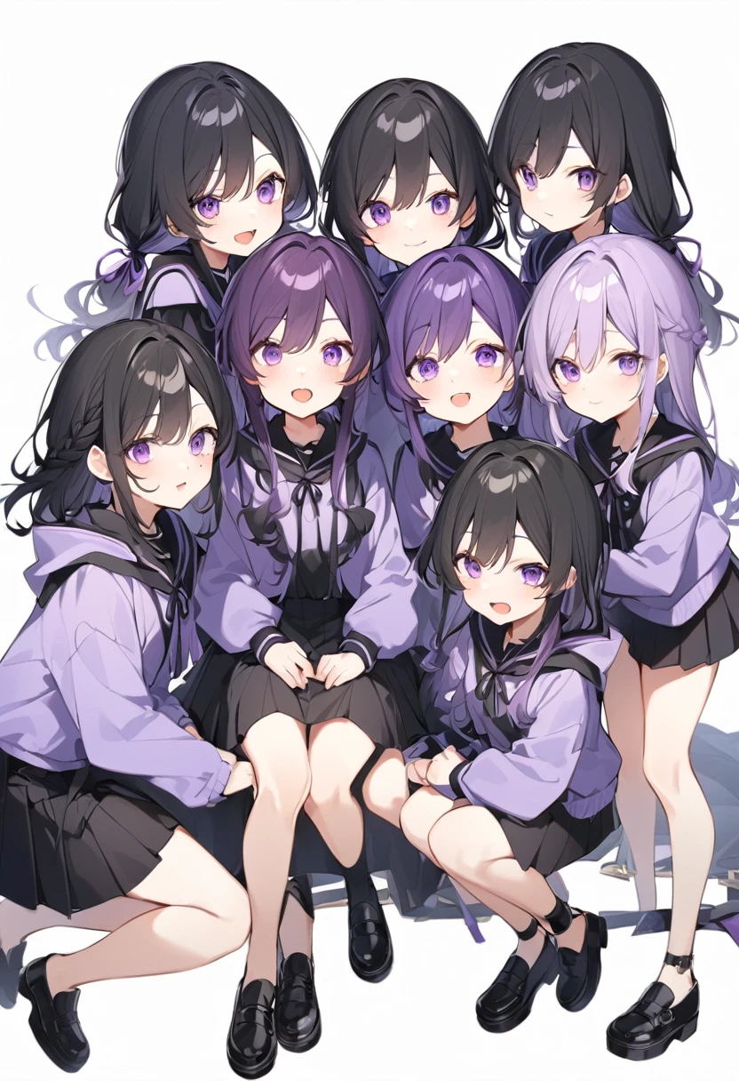 Keito。Purple hoodie。Black Skirt。Purple Eyes。Black Hair。Black shoes下。Black shoes。six sistery eldest daughter has lavender hair.。all female。Sextuplets。