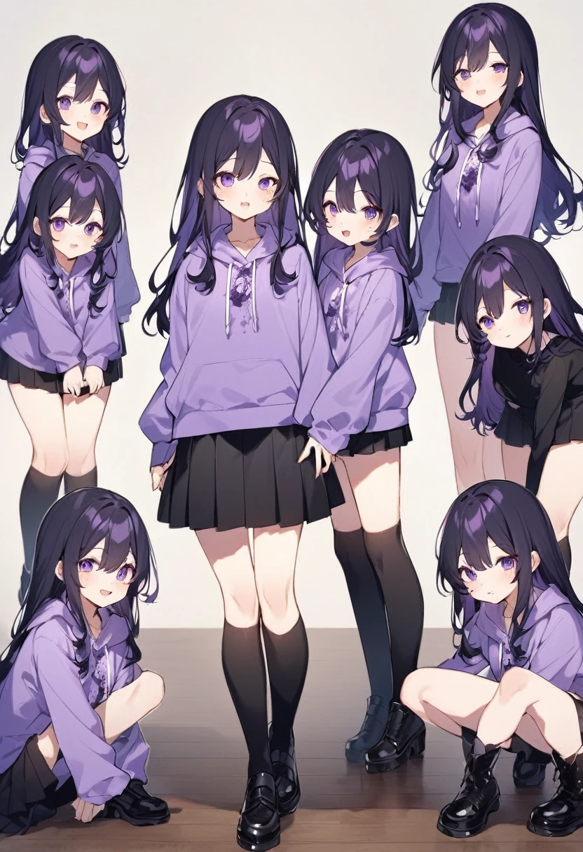 Keito。Purple hoodie。Black Skirt。Purple Eyes。Black Hair。Black shoes下。Black shoes。six sistery eldest daughter has lavender hair.。all female。Sextuplets。