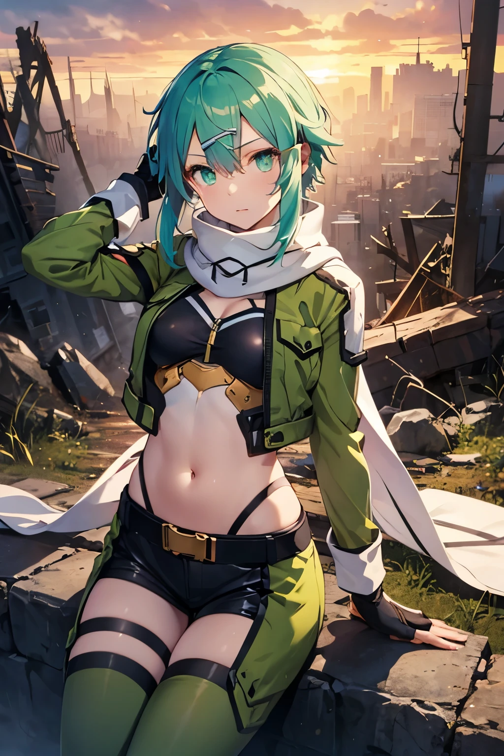 (masterpiece), best quality, expressive eyes, perfect face, highres, sinon1, scarf, fingerless gloves, long sleeves, short shorts,groin, hair ornament, hairclip, green thighhighs, green jacket,covered_nipples, thigh strap, field, sunset_ruins background, ruined structures, dynamic_posing, looking at the viewer, ,covered_navel,