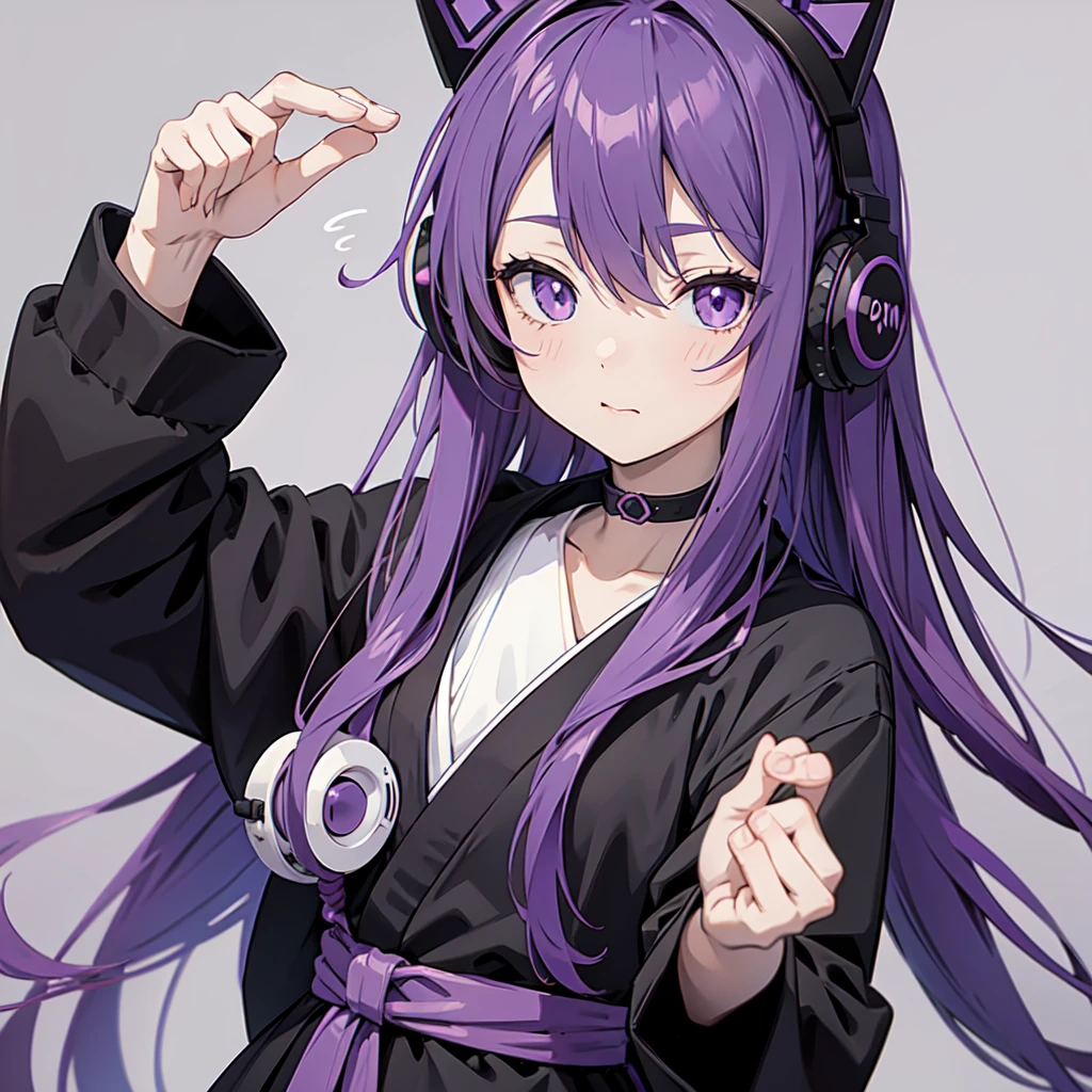 Anime girl with long purple hair and black robe. Pointy ears. Cute as in manga. Headphones. Front facing