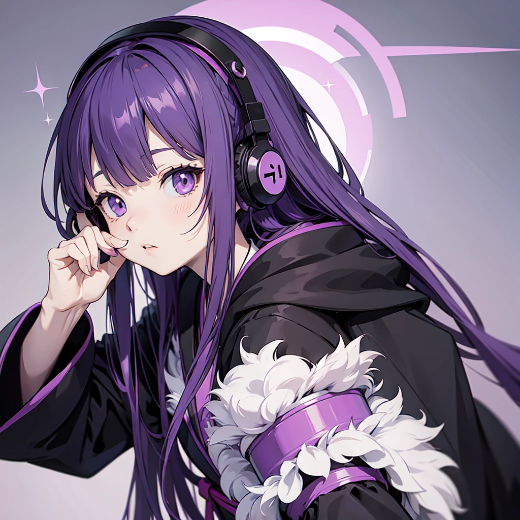 Anime girl with long purple hair and black robe. Pointy ears. Cute as in manga. Headphones. Front facing