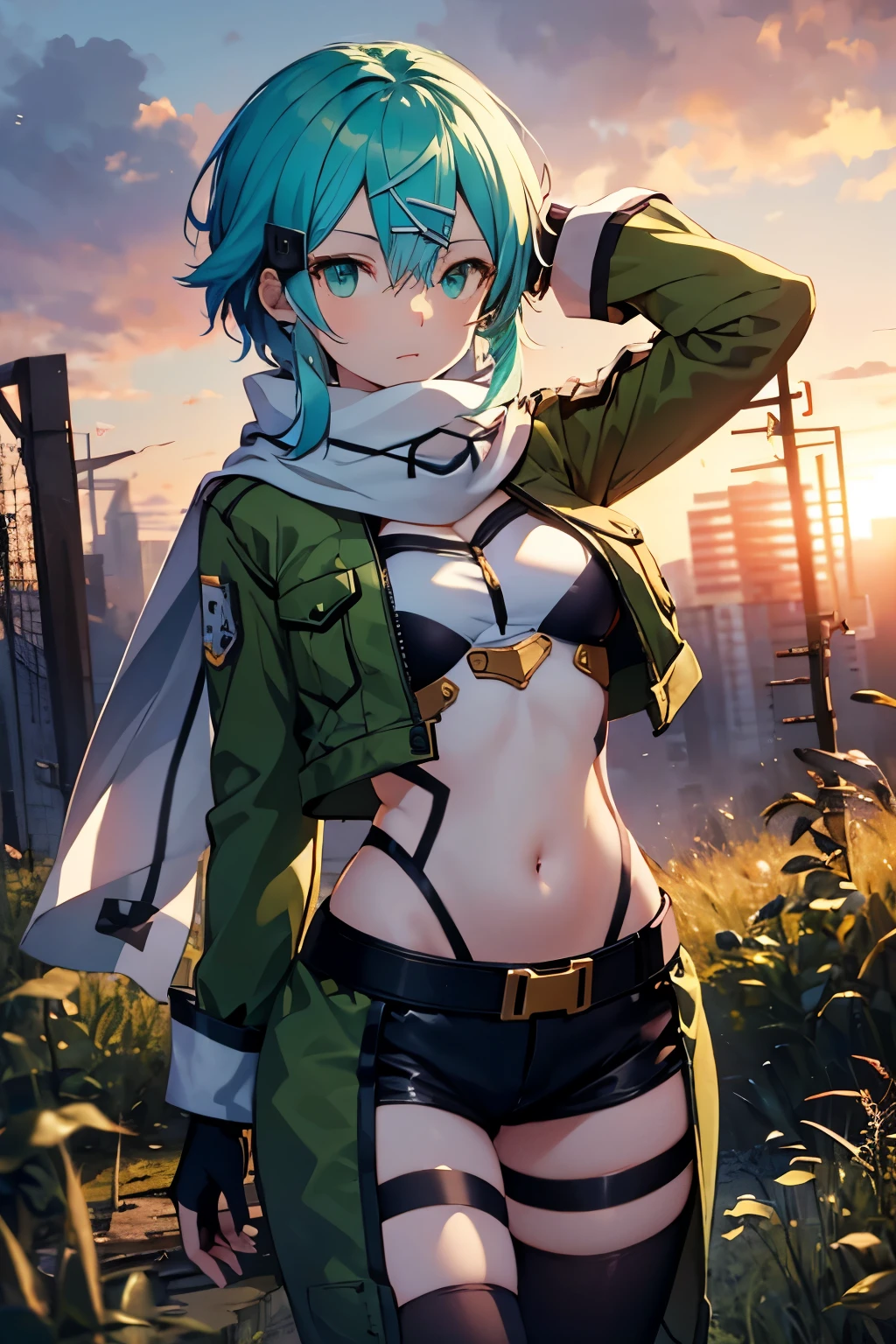 (masterpiece), best quality, expressive eyes, perfect face, highres, sinon1, scarf, fingerless gloves, long sleeves, short shorts,groin, hair ornament, hairclip, green thighhighs, green jacket,covered_nipples, thigh strap, field, sunset_ruins background, ruined structures, dynamic_posing, looking at the viewer, ,covered_navel,