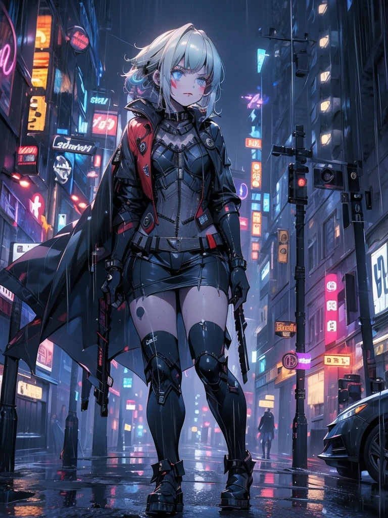 A girl in a Batsuit, standing confidently on a rain-soaked street in Gotham City at night, her stern expression and billowing cape creating a gritty, dystopian atmosphere, neon lights casting an eerie glow, highly detailed, 8k, hyper realistic, cinematic lighting, dramatic angles, moody colors, masterpiece