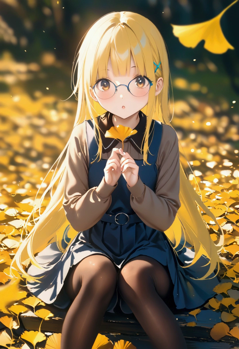 masterpiece,best quality,high quality,(colorful),[Artist miwano rag],[Artist toosaka asagi],[Artist wlop],[Artist chen bin],loli,1girl, 独奏, autumn leaves, long hair, outdoors, leaf, autumn, blonde hair, sitting, holding leaf, holding, looking at viewer, hair ornament, tree, long sleeves, bangs, x hair ornament, dress, pantyhose, day, plaid, shirt, parted lips, ginkgo leaf, blush, brown eyes, boots, very long hair, falling leaves, maple leaf, blue dress, between legs, brown pantyhose, hairclip, pinafore dress, brown shirt, hand between legs, sky, feet out of frame, brown footwear, floating hair.Glasses