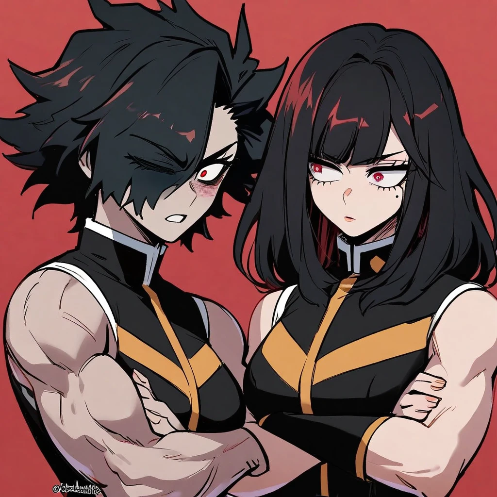 One girl, my hero academia uniform, siren eyes, dark red eye color, muscular arms, long jet black hair with bangs, arms crossed, lesbian, dominant, Mole Under Eye, Devil Pupils, Tsundere, faded scare over right eye, tall, nonchalant