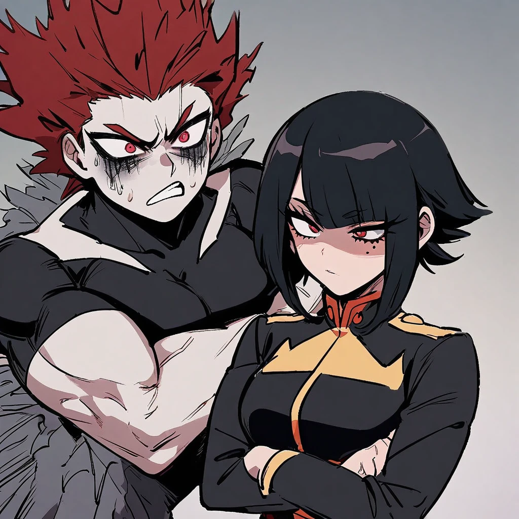 One girl, my hero academia uniform, siren eyes, dark red eye color, muscular arms, long jet black hair with bangs, arms crossed, lesbian, dominant, Mole Under Eye, Devil Pupils, Tsundere, faded scare over right eye, tall, nonchalant