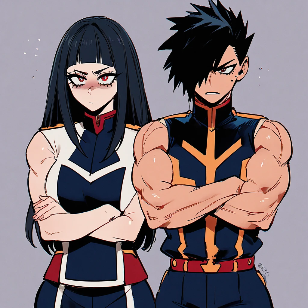 One girl, my hero academia uniform, siren eyes, dark red eye color, muscular arms, long jet black hair with bangs, arms crossed, lesbian, dominant, Mole Under Eye, Devil Pupils, Tsundere, faded scare over right eye, tall, nonchalant