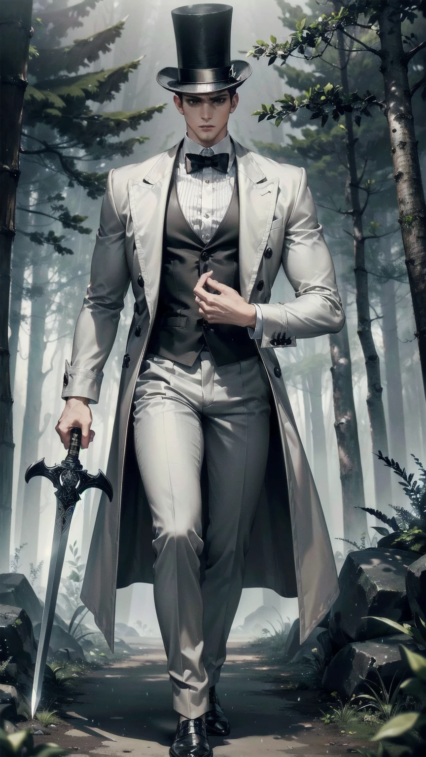 Masterpiece, Superior image quality, high resolution, 4k image, man ,short black hair ,White skin, black eyes, very detailed eyes, tall height, muscled body, holds a sword with his right hand, gray top hat, long gray trench coat, brown pants walking on a wooded trail, dark forest, at night, fog atmosphere