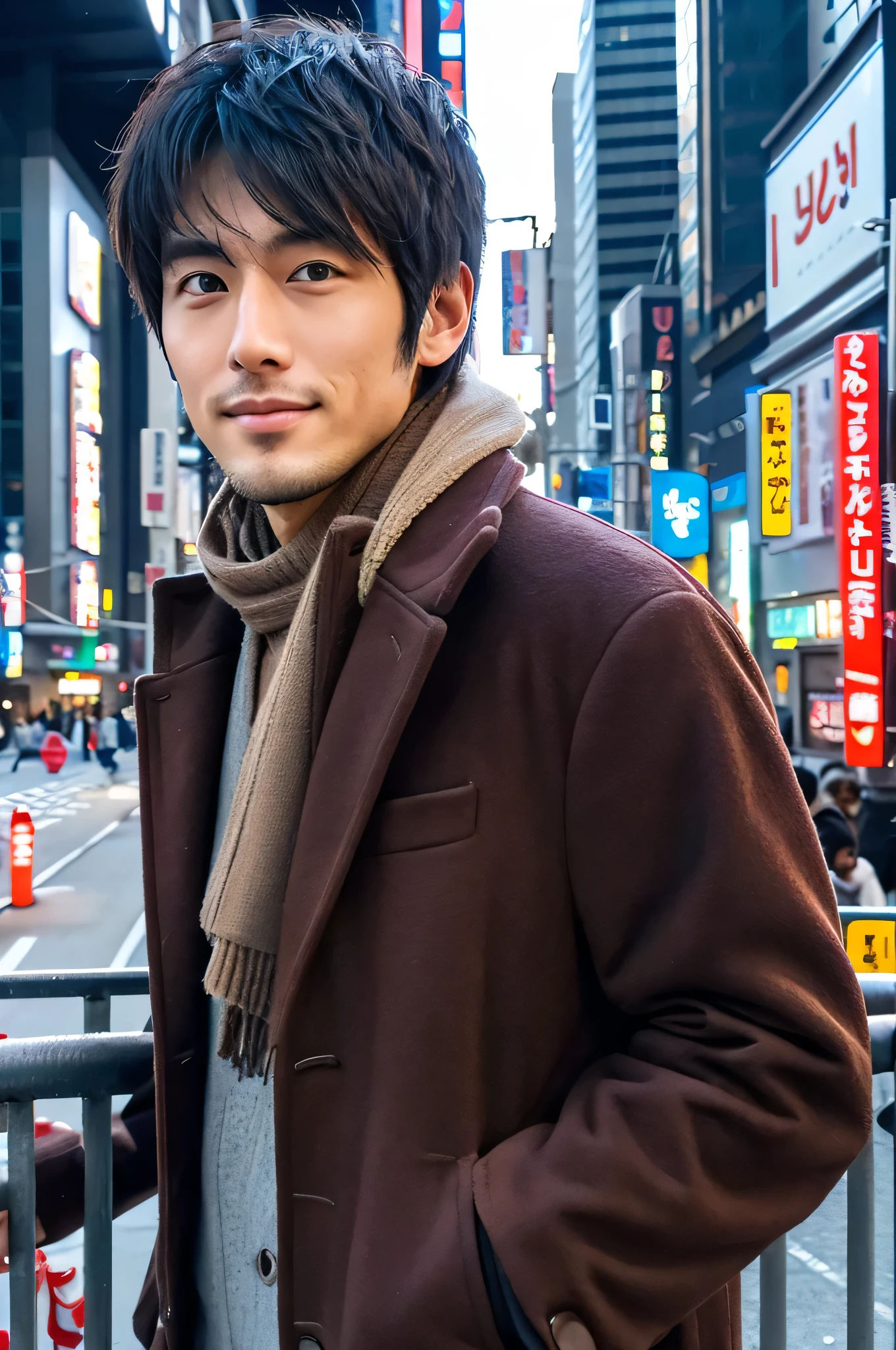 Photorealistic, 8K full-body poster, Handsome, Japanese, 25-year-old male, Attractive look, Detailed facial details, Tokyo, Winters, Shibuya in the background