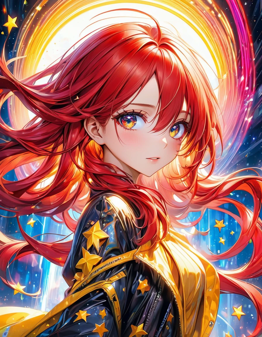 In a mesmerizing cascade of color and light, an enchanting anime girl sexy hot all gold stars candroites viewers with her ethereal beauty. Her delicate features are framed by cascading locks of shimmering long red neon hair, her wide, expressive eyes big red red radiating with emotion. A digital painting brings this stunning character to life, depicting her in intricate detail with a seamless blend of realism and fantasy. Every brushstroke and pixel showcases the artist's skill and dedication, making this image a