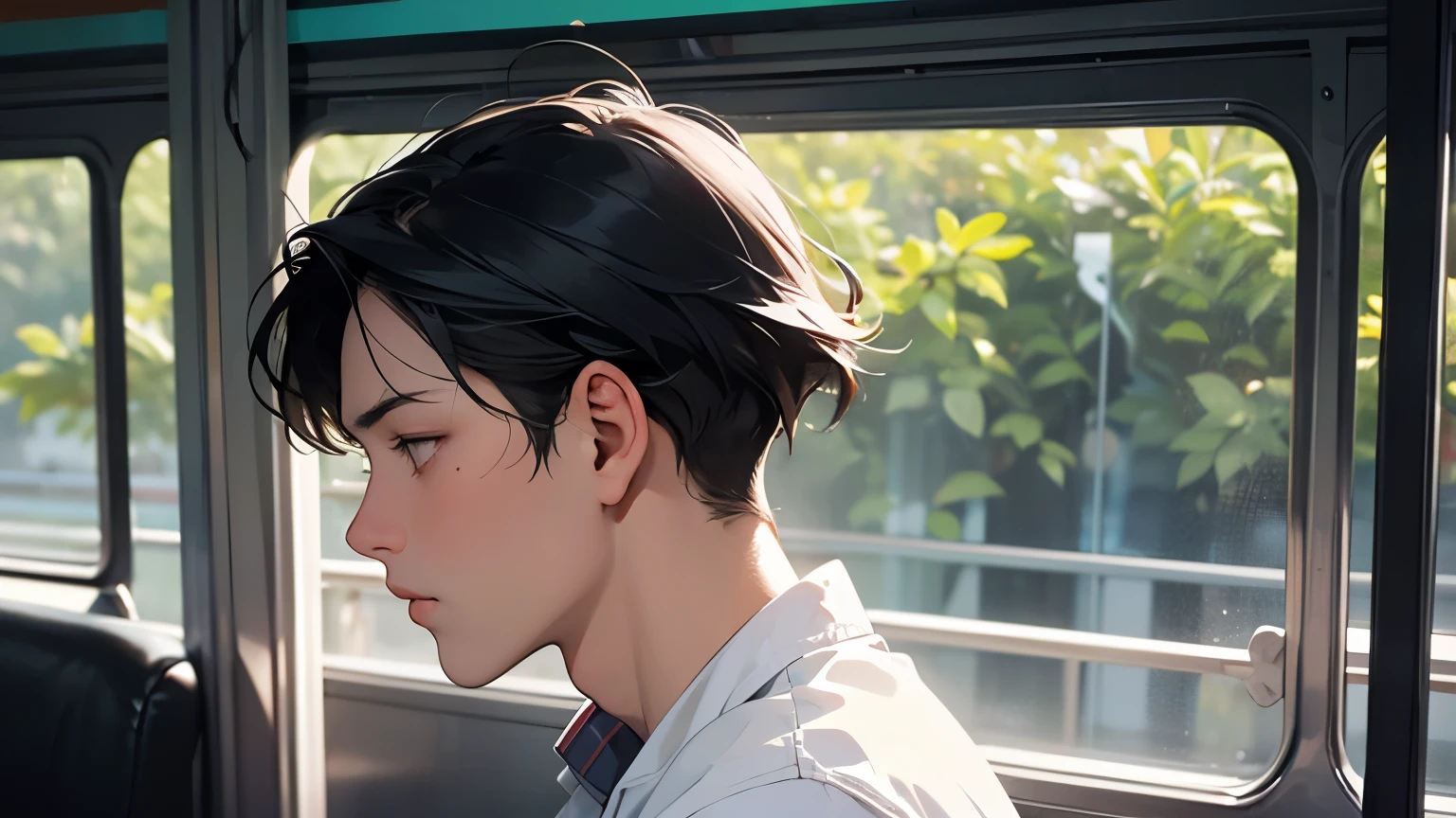 Upper body close-up image. A handsome boy. Seventeen. Black hair. Her bangs are down. An image that captures the profile of a man. He is riding a bus and looking out the window with a melancholy expression. A masterpiece.