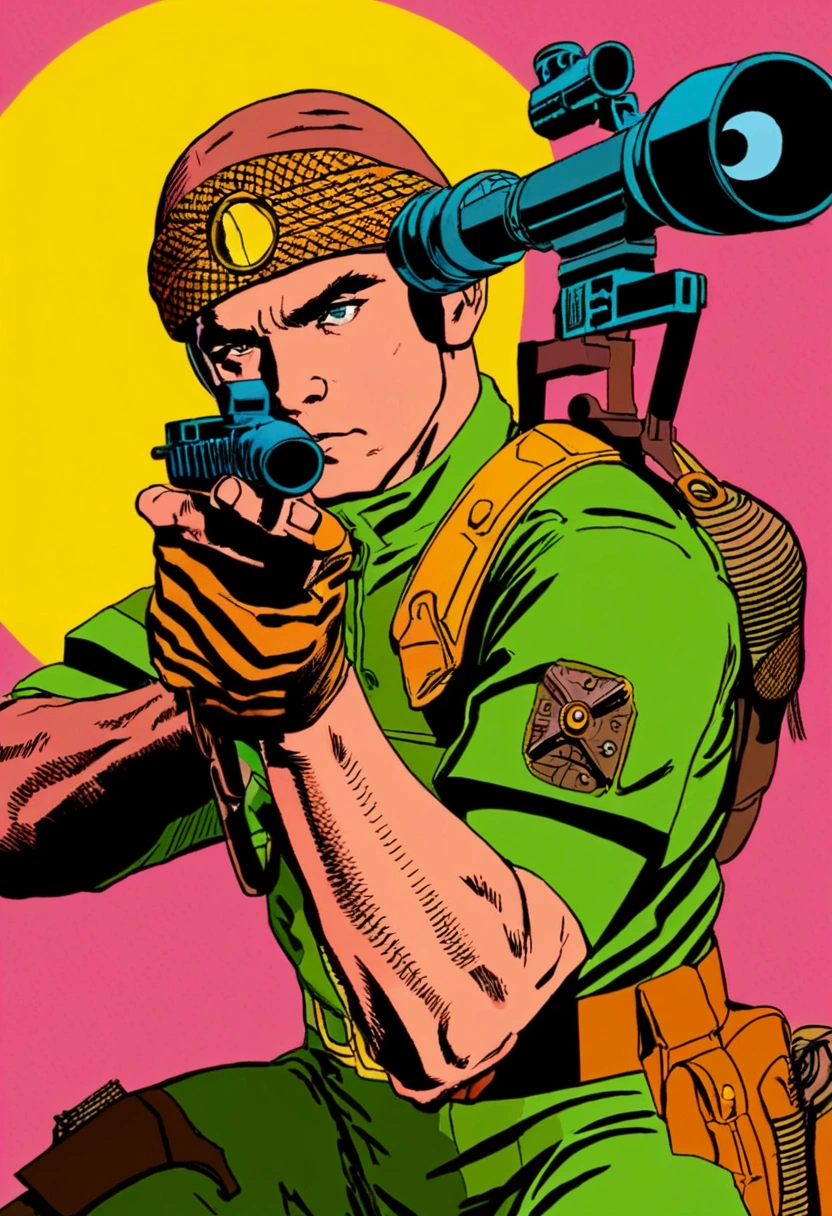 aiming Sniper, by Jack_Kirby, comic style, full body, cinematic still, (best quality, masterpiece), very aesthetic, perfect composition, intricate details, ultra-detailed, vivid colors