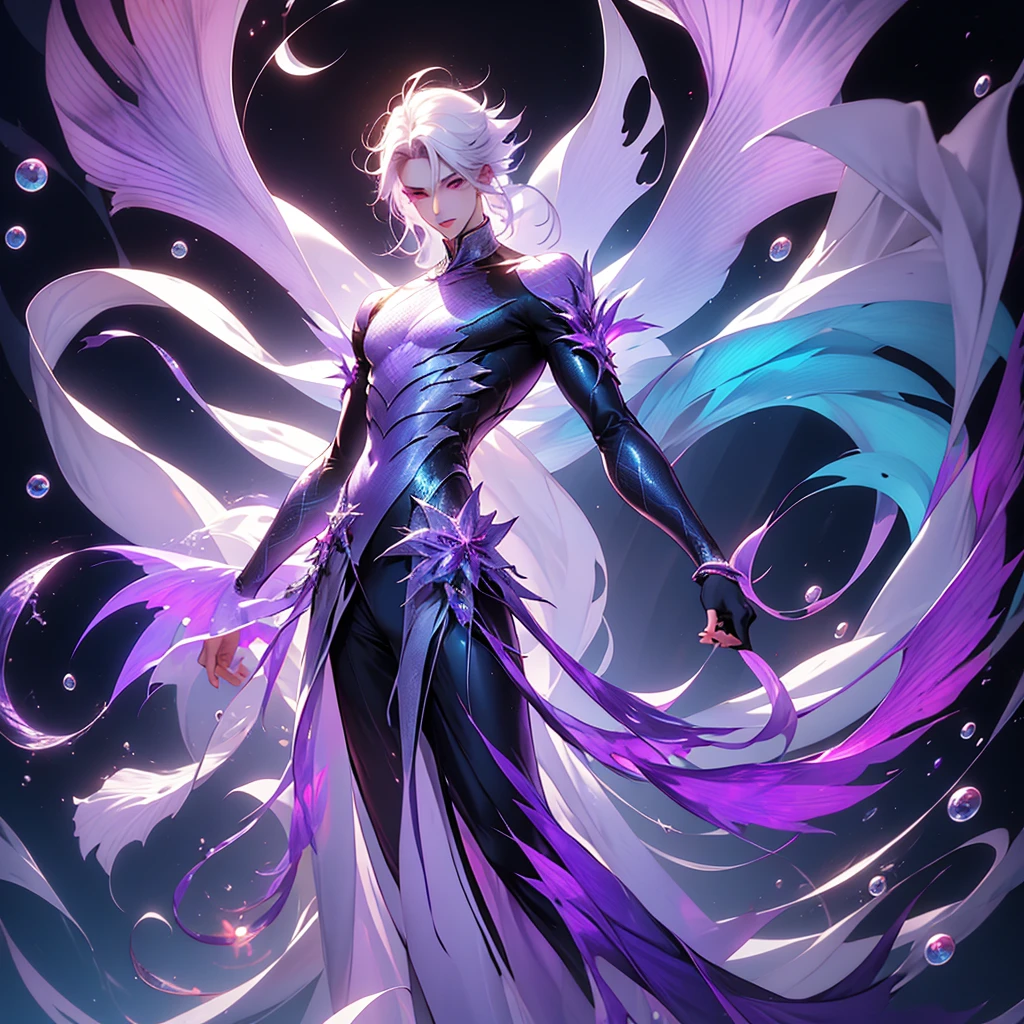 A man, human upper body, fish tail, light purple tail, phoenix-eyed man, light purple eyes, white hair, Chinese style, elegant, full body, underwater, mermaid, slender figure. Just one man