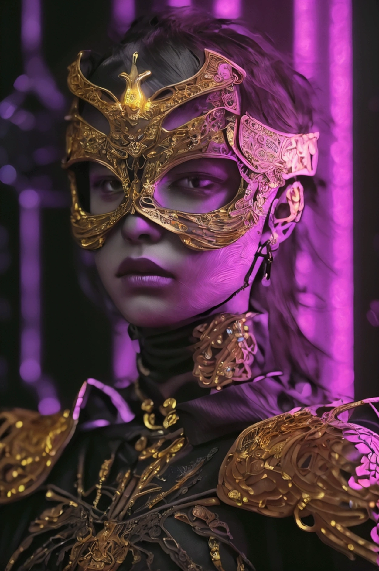 ( High quality , Ultra-detail, carefully with your hand )tarot card, chiaroscuro technique on sensual illustration of an queen of sword, a teenage fashion model wearing an exo-skeleton mask, vibrant colors, futuristic cyberpunk style, intricate details, cinematic lighting, dramatic pose, an elegant complex bio mechanical onyx and gold, intricate details, official art, unity 8k wallpaper, ultra detailed, beautiful and aesthetic, (in a room with black walls illuminated by violet neon lights :1.1)