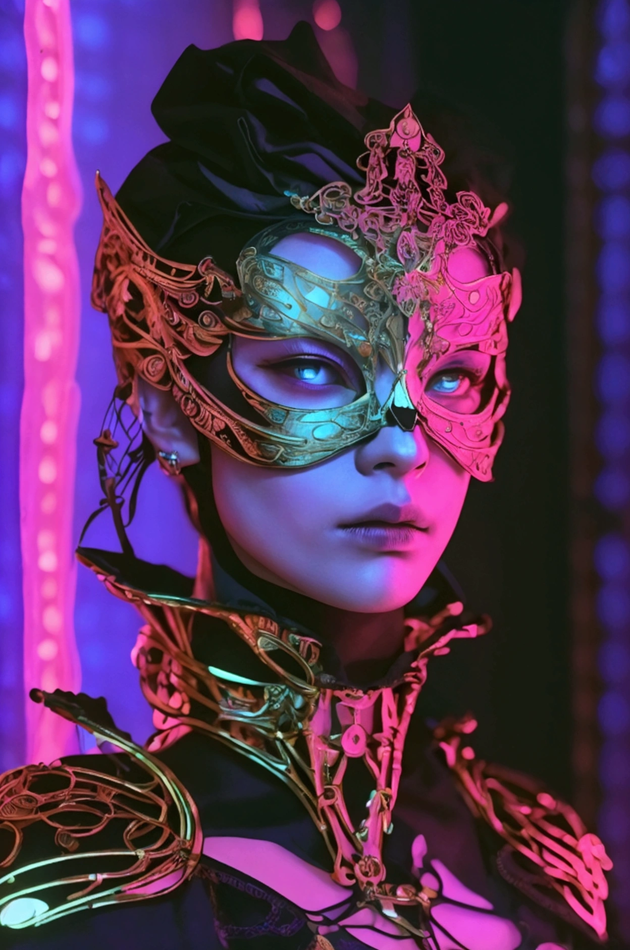 ( High quality , Ultra-detail, carefully with your hand )tarot card, chiaroscuro technique on sensual illustration of an queen of sword, a age fashion model wearing an exo-skeleton mask, vibrant colors, futuristic cyberpunk style, intricate details, cinematic lighting, dramatic pose, an elegant complex bio mechanical onyx and gold, intricate details, official art, unity 8k wallpaper, ultra detailed, beautiful and aesthetic, (in a room with black walls illuminated by violet neon lights :1.1)