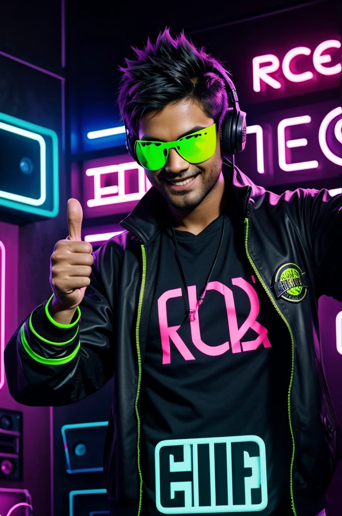 Create a Free Fire dp concept on
• Dj alok inspired character with a cool and stylish outfit
• A dark and edgy cityscape with neon lights and a dj booth in background
• the character is giving a thumbs-up and a confidence smile with a pair of trendy sunglasses and a headset
• dark blues and purples with neon green accents colour
• a bold and modern font with the text 'HUNTER GAMER'